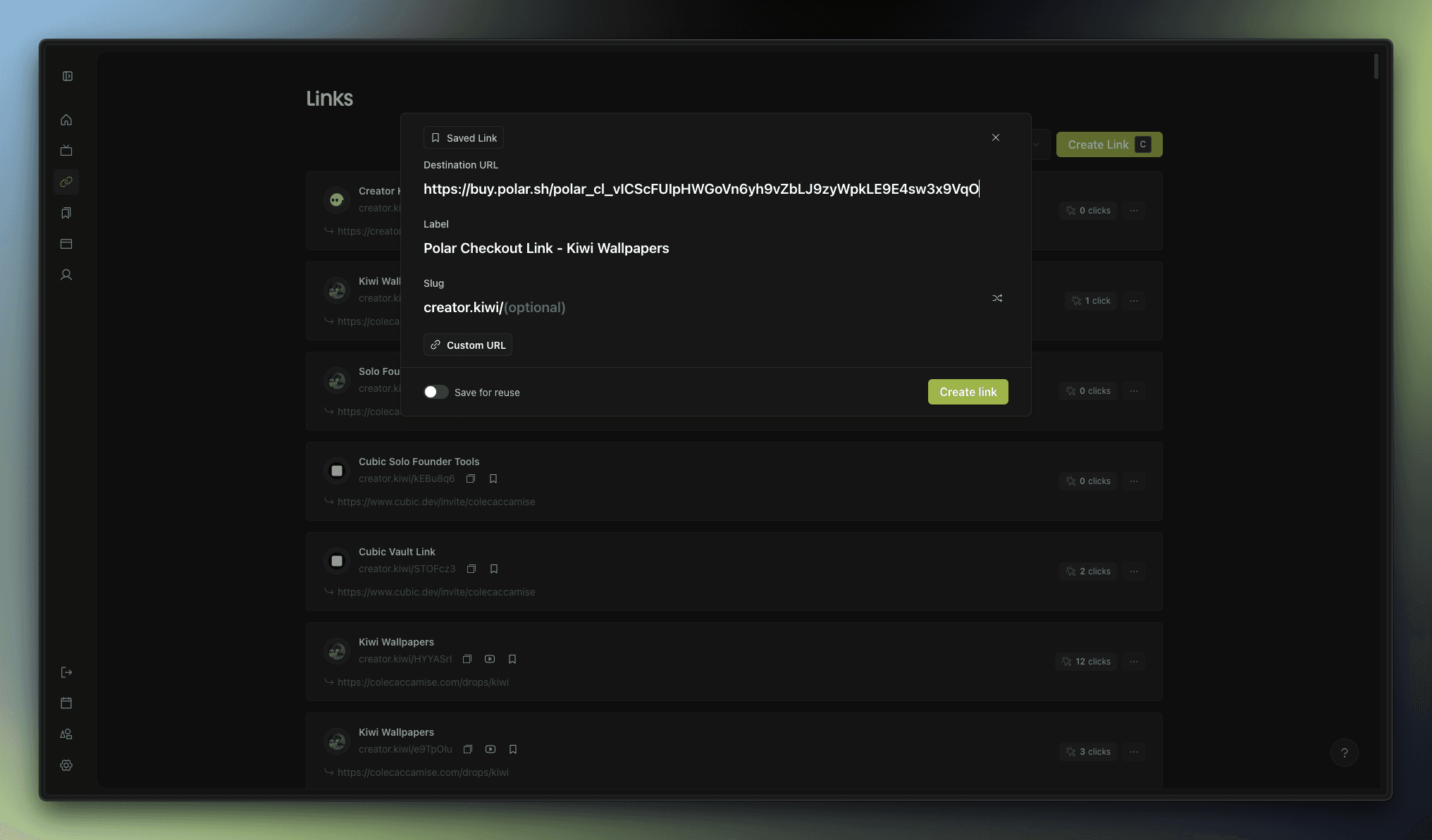 Creating a new link in Creator Kiwi