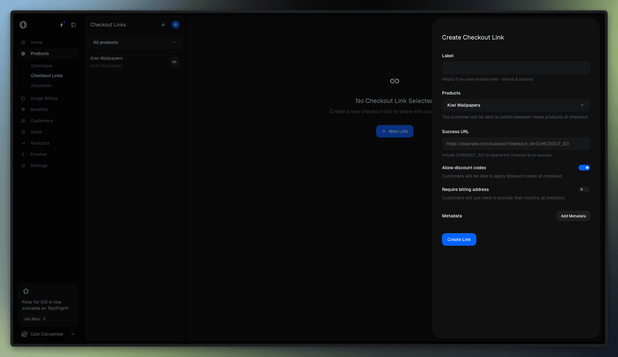 Creating a new Checkout Link in Polar