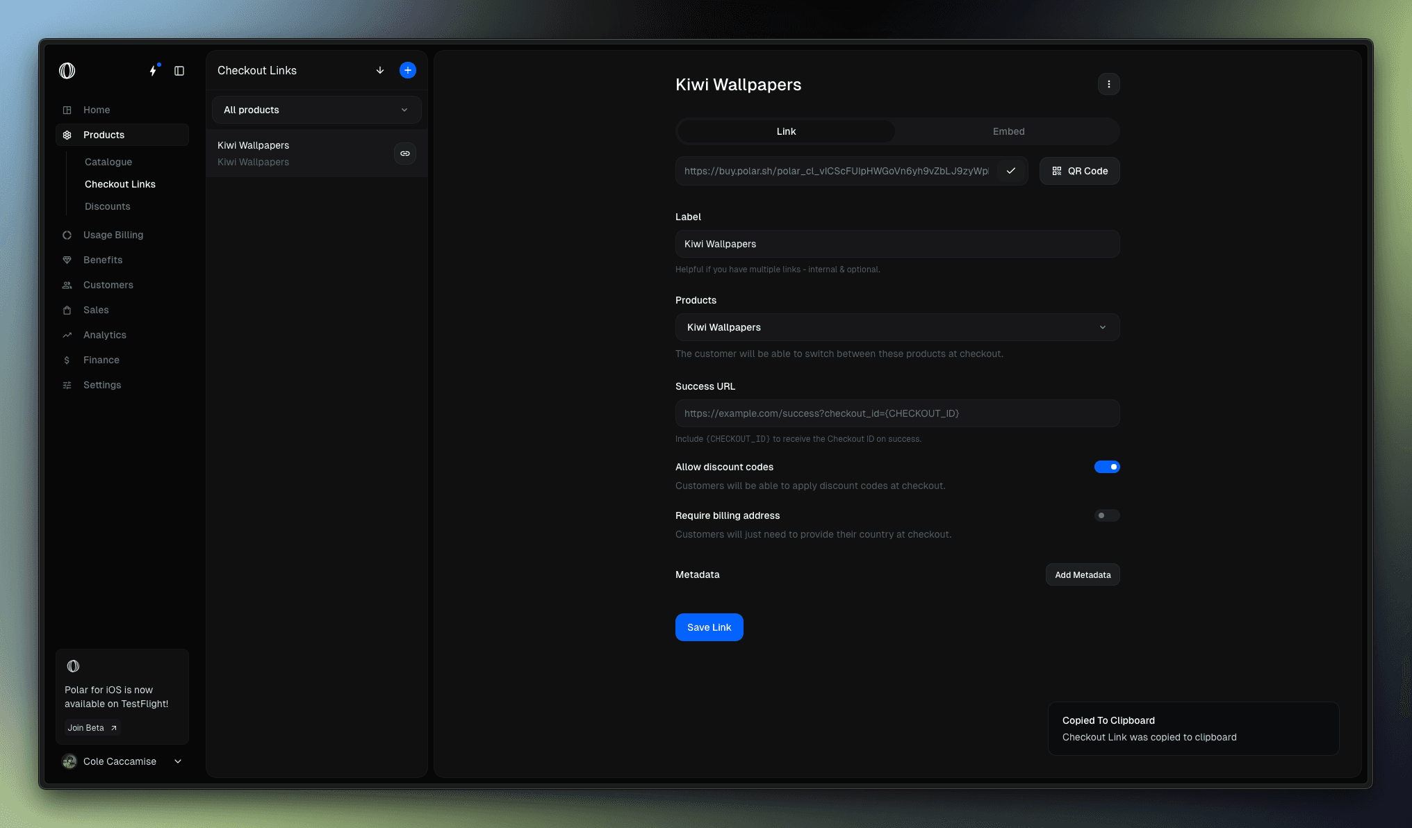 A newly created Checkout Link in Polar