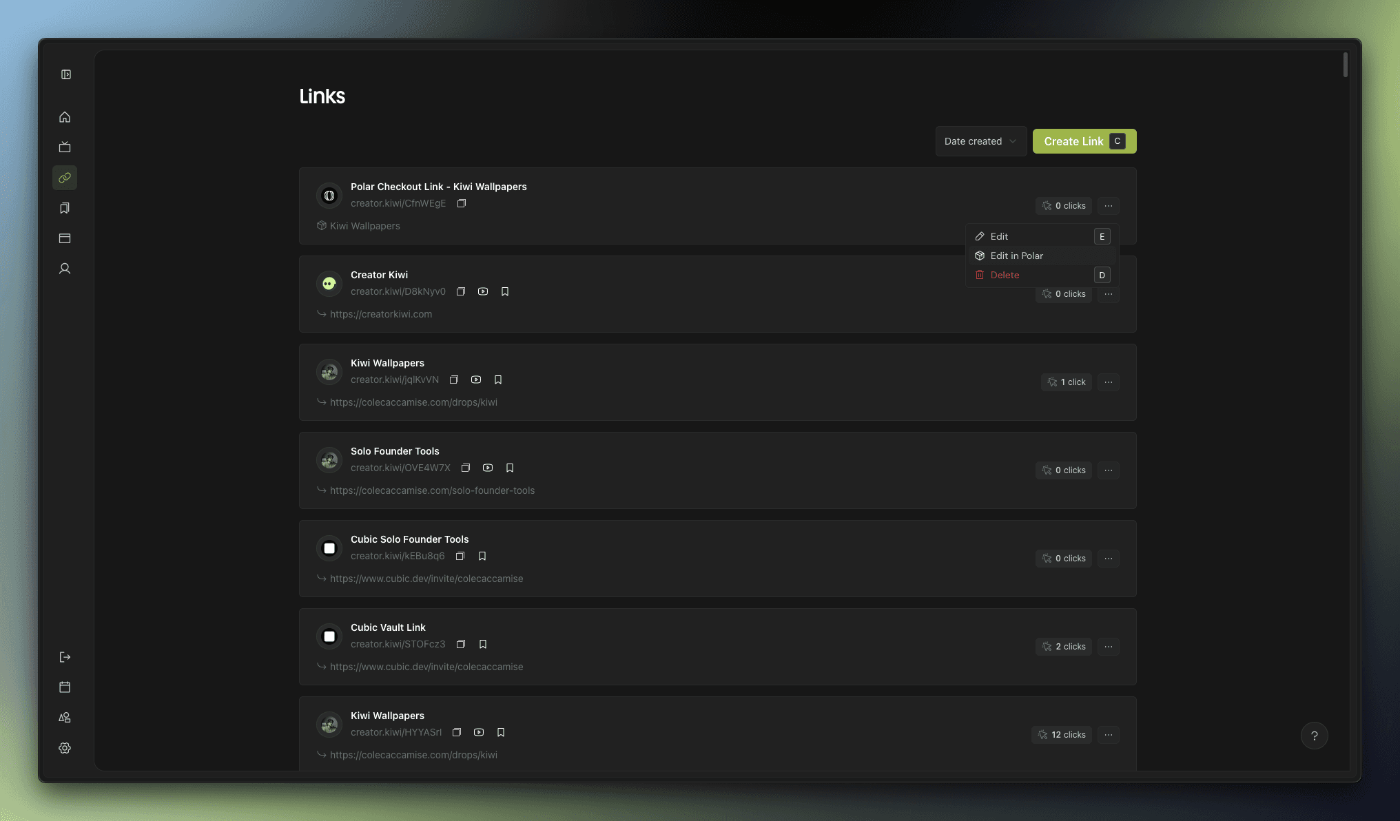 A newly created link in Creator Kiwi