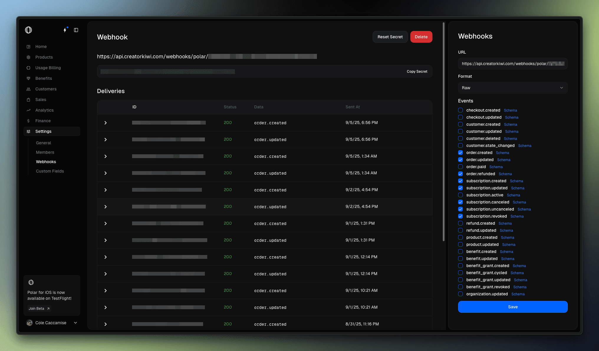 A webhook endpoint in Polar